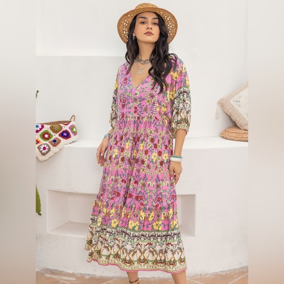 Carnation Pink Printed V-Neck Balloon Sleeve Dress - Picture 5 of 7